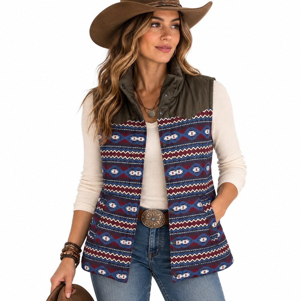 Ariat Womens XL Southwestern Aztec Puffer Vest Brown Blue Western Full Zip